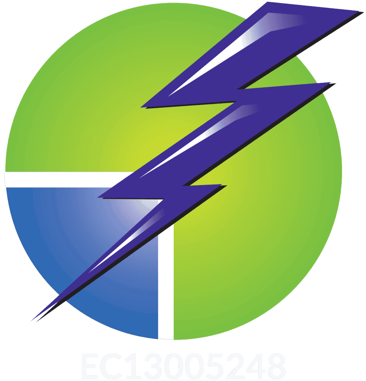 A green circle with a blue and white segmented section, overlaid with a purple lightning bolt.